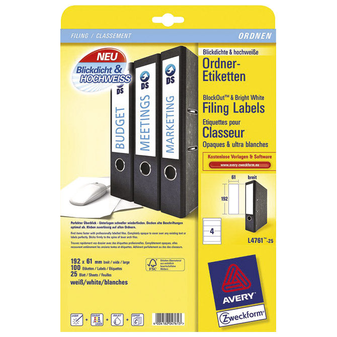 ETIKETE ILK ZA REGISTRATORJE 192X61MM PK100L ZWECKFORM L4761-100 BELE