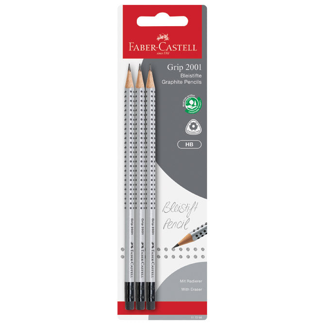 SVINČNIK GRAFITNI HB Z RADIRKO GRIP 2001 PK3 FABER CASTELL 117298 BLISTER