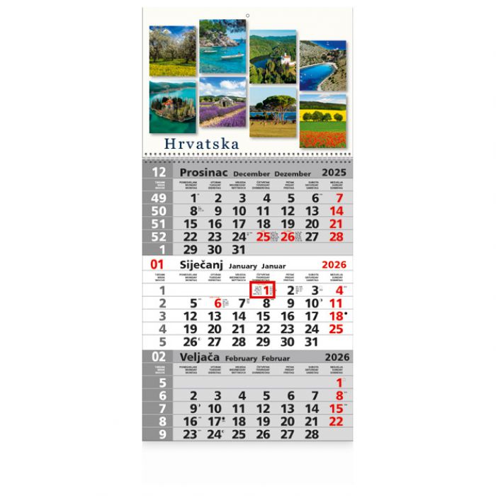 KALENDAR ZIDNI TRODIJELNI 2026. SA SLIKOM I SPIRALOM * DO ISTEKA ZALIHA