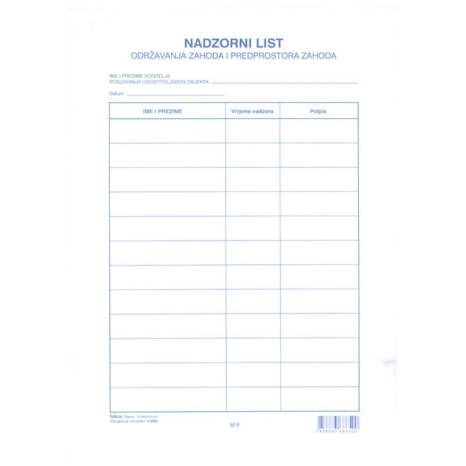 OBRAZAC L-69A NADZORNI LIST U BLOKU FOKUS