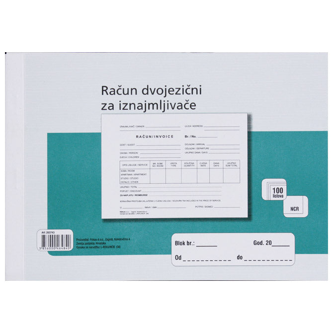 OBRAZAC L-RDVJ A5/NCR- RAČUN DVOJEZIČNI ZA IZNAJMLJIVAČE FOKUS