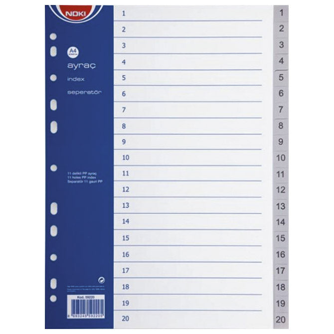 Plastična pregrada a4 številke 1-20 noki 59220 siva