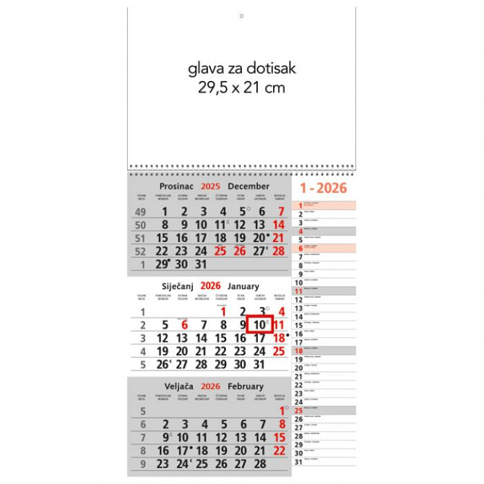 KALENDAR ZIDNI TRODIJELNI 2026. MEMO SA SPIRALOM * DO ISTEKA ZALIHA