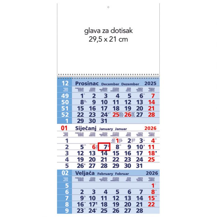 KALENDAR ZIDNI TRODIJELNI 2026. SA SPIRALOM PLAVI * DO ISTEKA ZALIHA