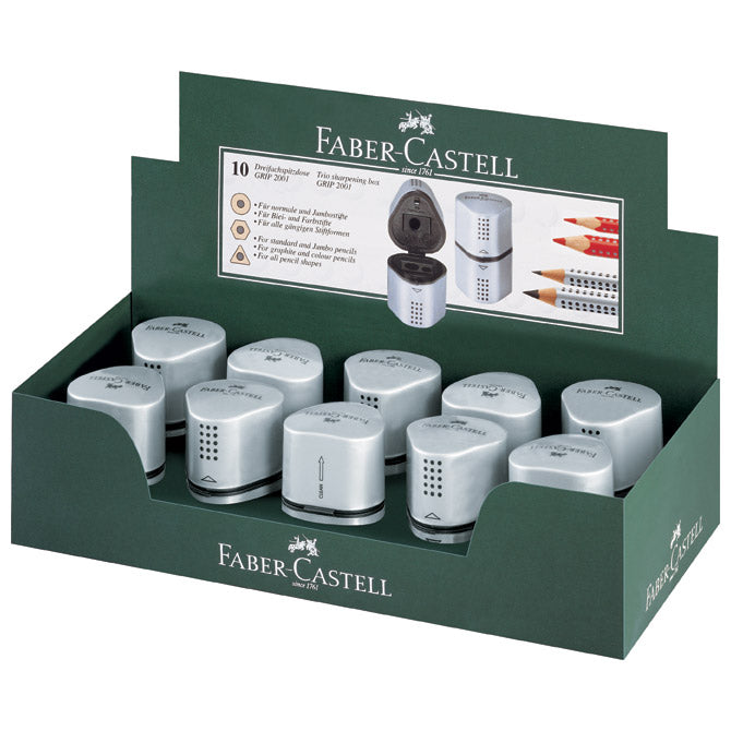 ŠILČEK PVC S PVC ŠKATLICO 3LUKNJE GRIP 2001 TRIO FABER CASTELL 183800 SREBRNA