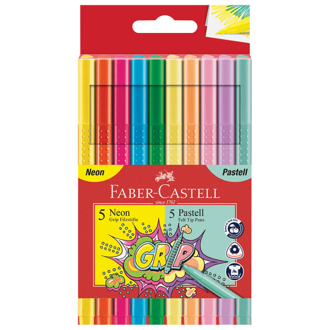 Šolski flomaster 10 barv grip neon plus pastel faber castell 155312 blister