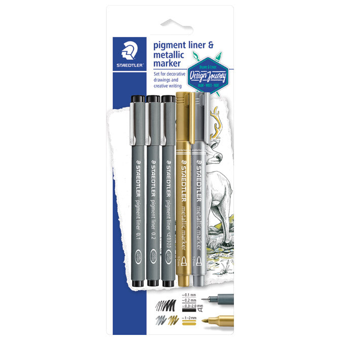 SET FLOMASTER LINER PIGMENT PLUS MARKER METALLIC DESIGN JOURNEY PK5 STAEDTLER 308 SBK3P3 BLISTER