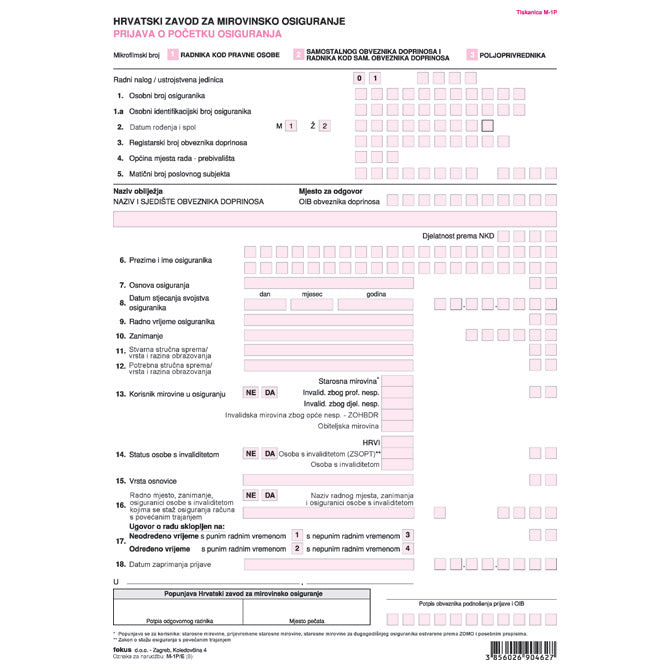 OBRAZAC M-1P/E PRIJAVA O POČETKU OSIGURANJA PK10 FOKUS