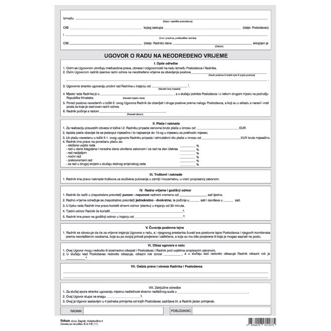 OBRAZAC E-4-1/E UGOVOR O RADU NA NEODREĐENO VRIJEME FOKUS