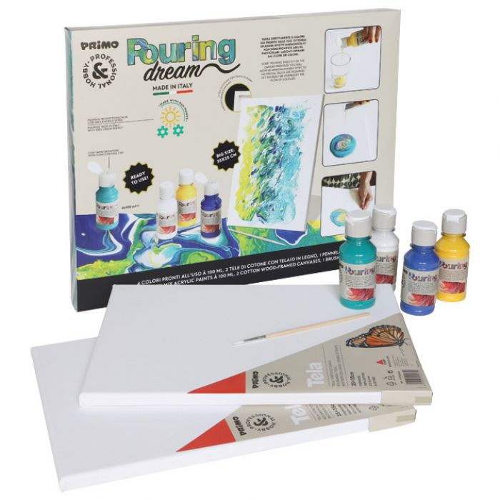 SET BOJA AKRILNA ZA TEHNIKU IZLIJEVANJA 100ML 4BOJE POURING PLUS 2PLATNA PLUS KIST PRIMO PAINTSET3