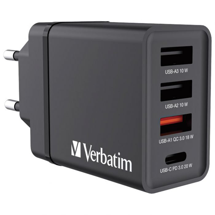 PUNJAČ ZA MOBILNE UREĐAJE ZIDNI 1XUSB-C/PD 20W/1XUSB-A QC 3.0/2XUSB-A 10W VERBATIM 49700 CRNI