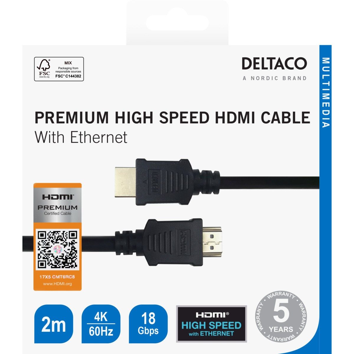 DELTACO Kabel Premium High Speed HDMI 4K UHD, 2m,CRNI