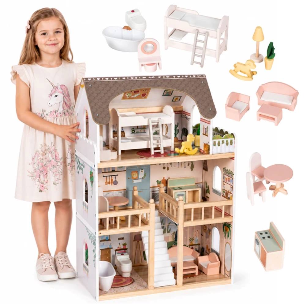 Ecotoys Drvena kućica za lutke Laura s namještajem
