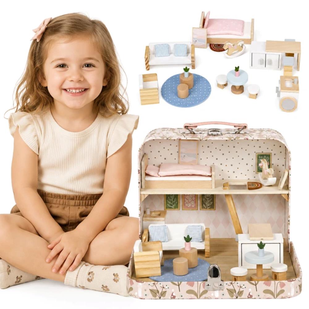 Ecotoys Drvena kućica za lutke u prijenosnom koferu, set od 20 dodataka