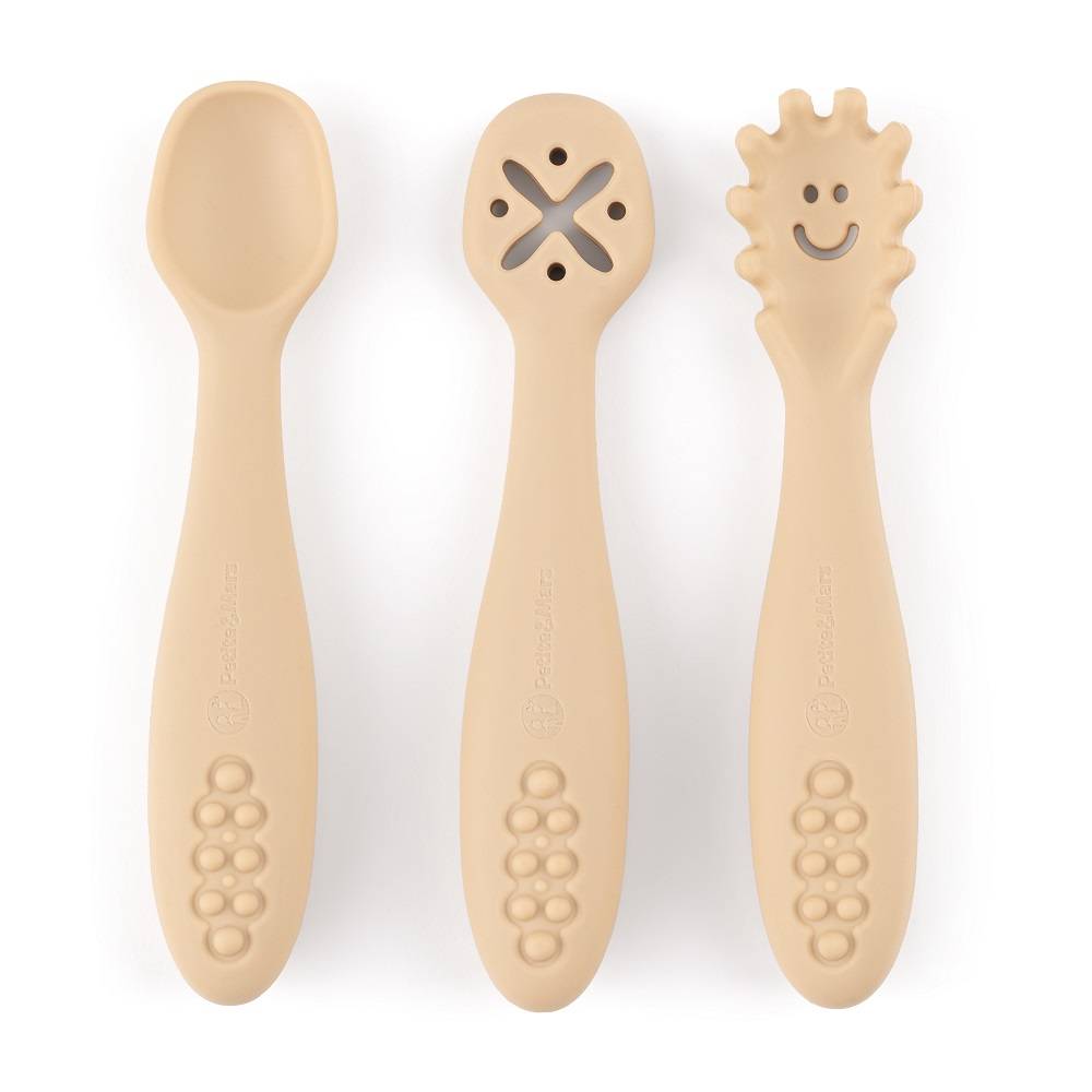 PETITE&MARS Silikonske žlice za trening od 3 kom 6 m+ Take&Match, Desert Sand