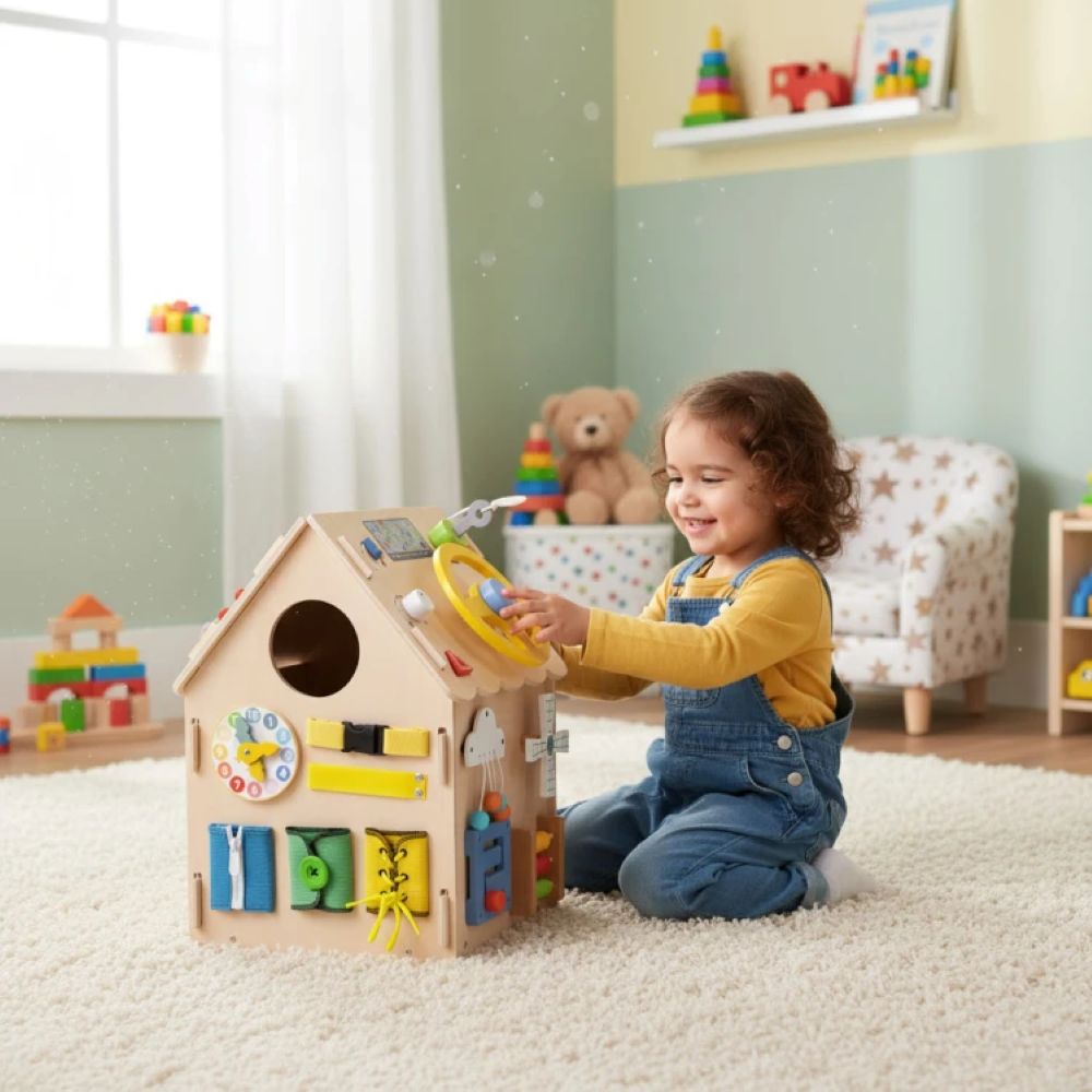 Ecotoys Drvena kućica za djecu, edukativna ploča XXL 30 elemenata