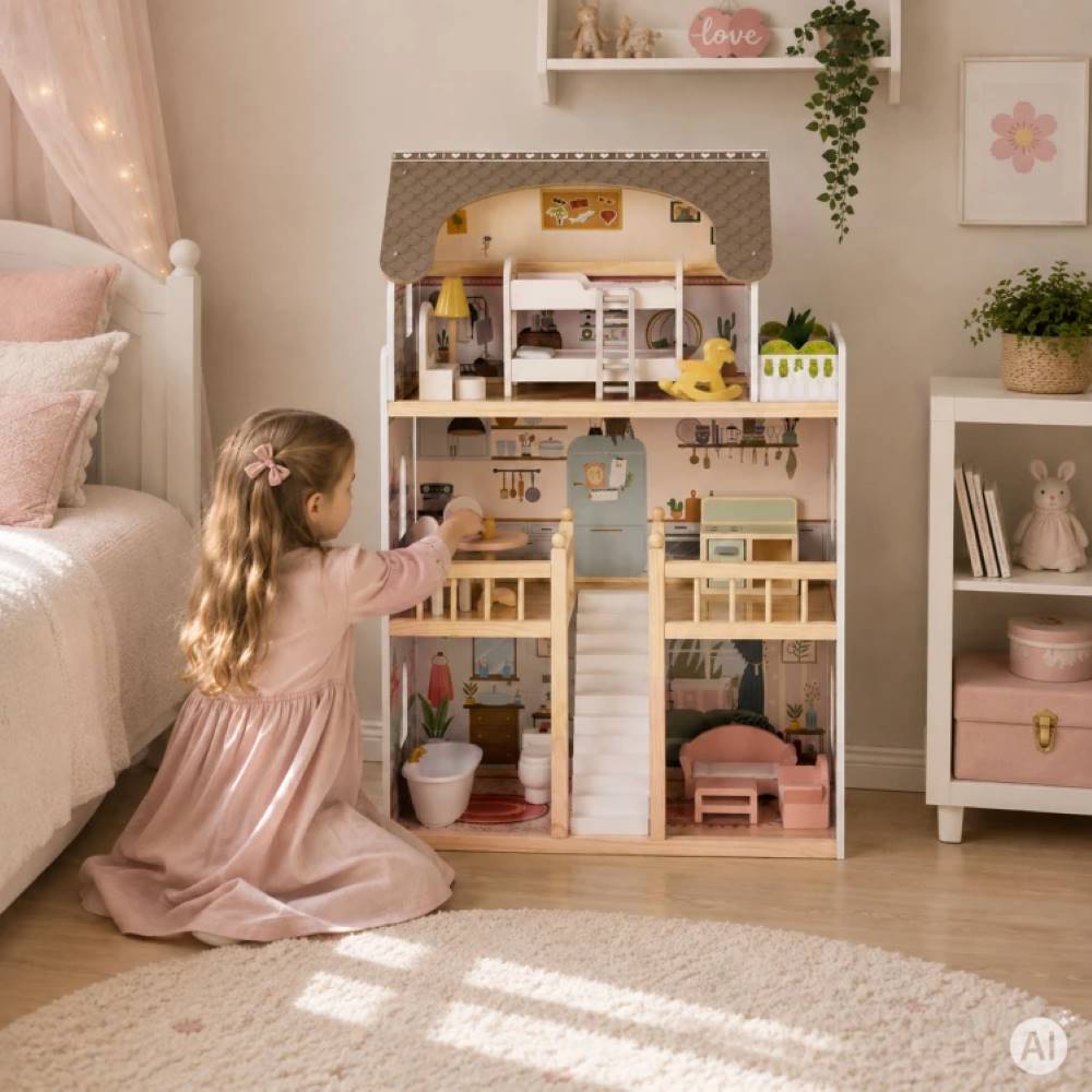 Ecotoys Drvena kućica za lutke Laura s namještajem