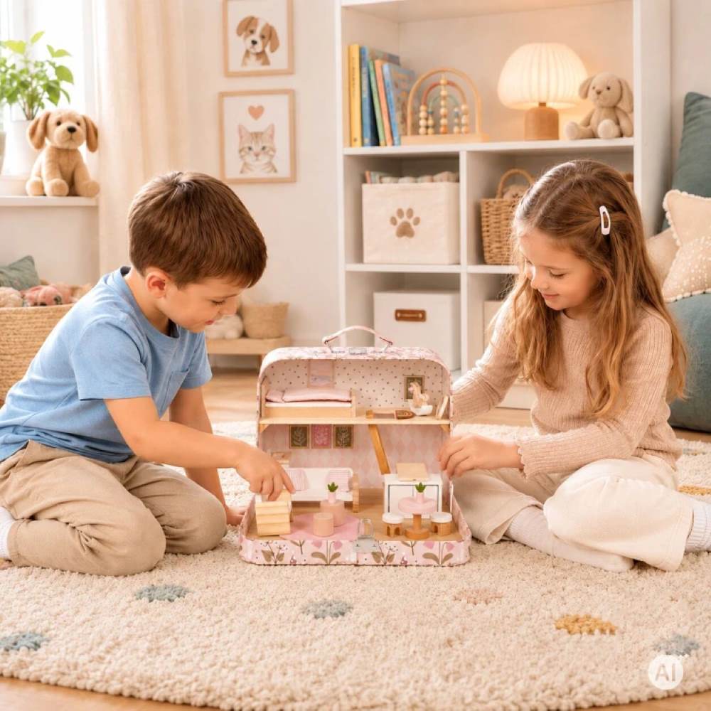 Ecotoys Drvena kućica za lutke u prijenosnom koferu, set od 20 dodataka
