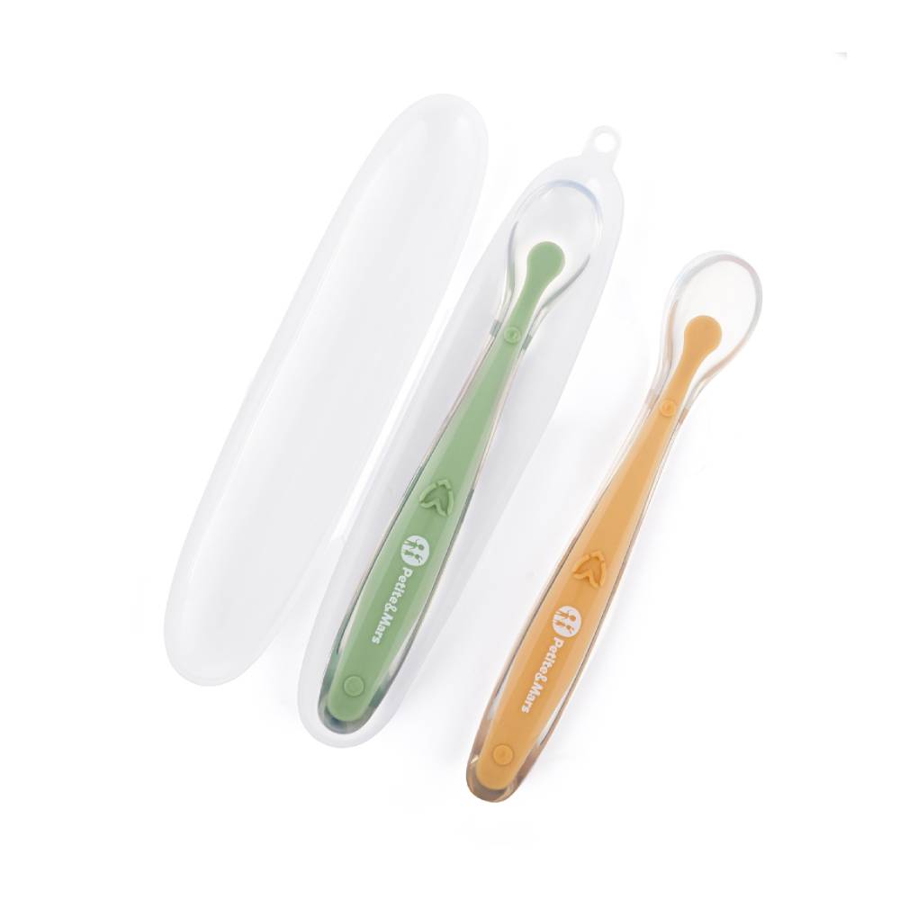 PETITE&MARS Silikonske žlice s kutijicom 2 kom, 6 mj+, Take&Match, Pea - Ochre