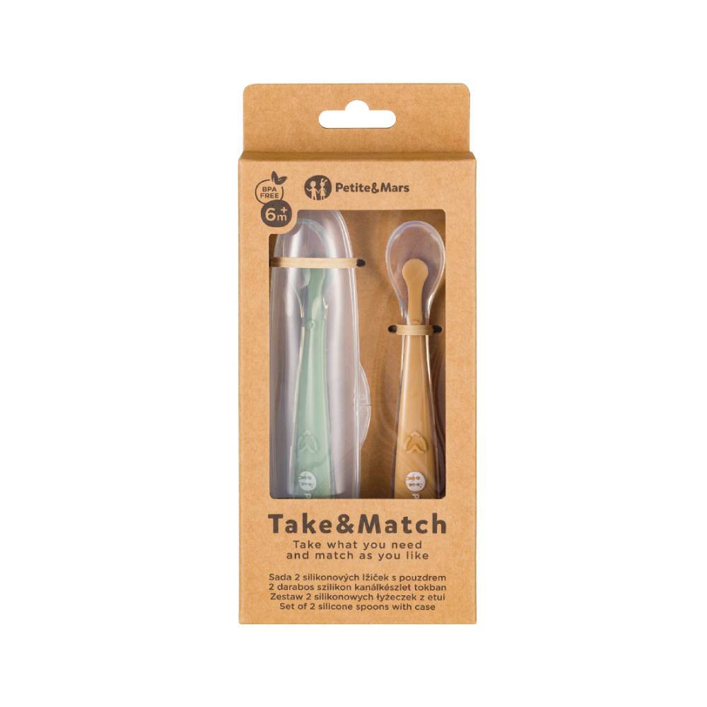 PETITE&MARS Silikonske žlice s kutijicom 2 kom, 6 mj+, Take&Match, Pea - Ochre