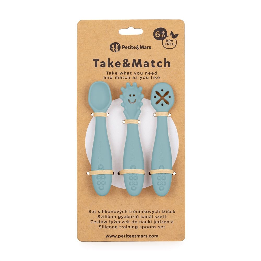 PETITE&MARS Silikonske žlice za trening od 3 kom 6 m+ Take&Match, Frosted Sky