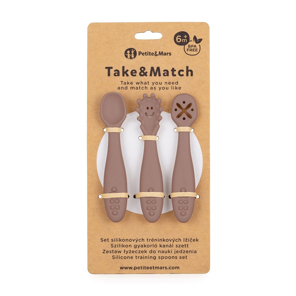 PETITE&MARS Silikonske žlice za trening od 3 kom 6 m+ Take&Match, Velvet Latte