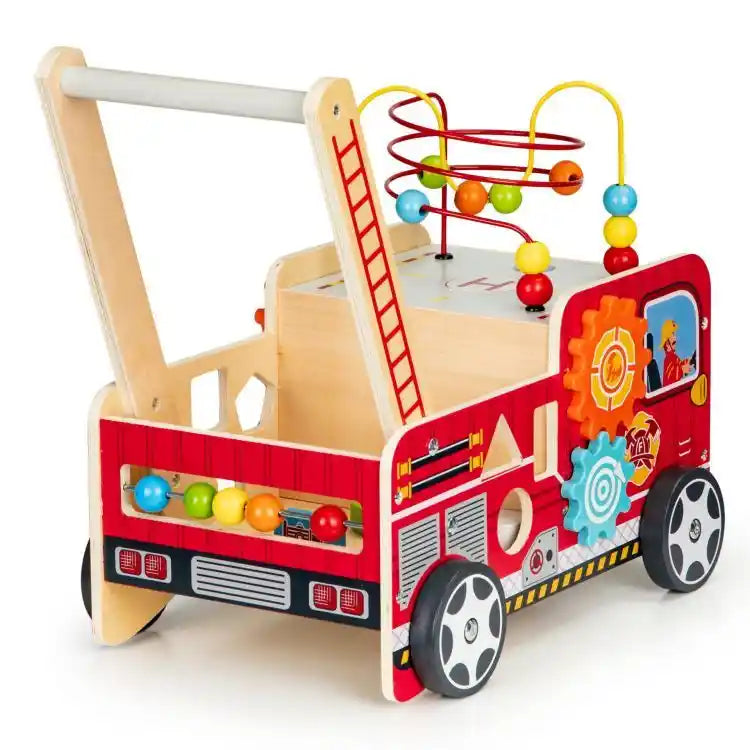 Ecotoys Drvena edukativna guralica 2u1 s kockama 41,5x28x46 cm, vatrogasci