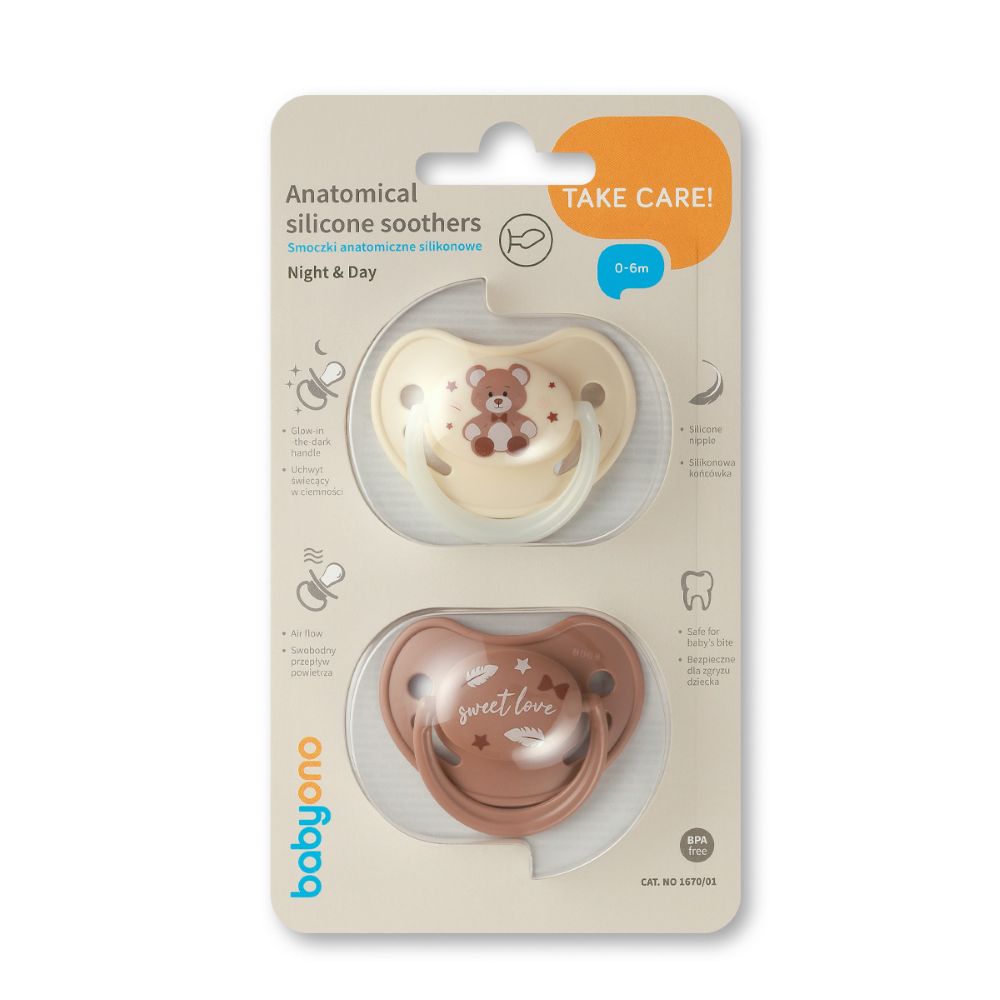 BabyOno Anatomska slikonska duda GLOW 0-6 mj, 2 kom