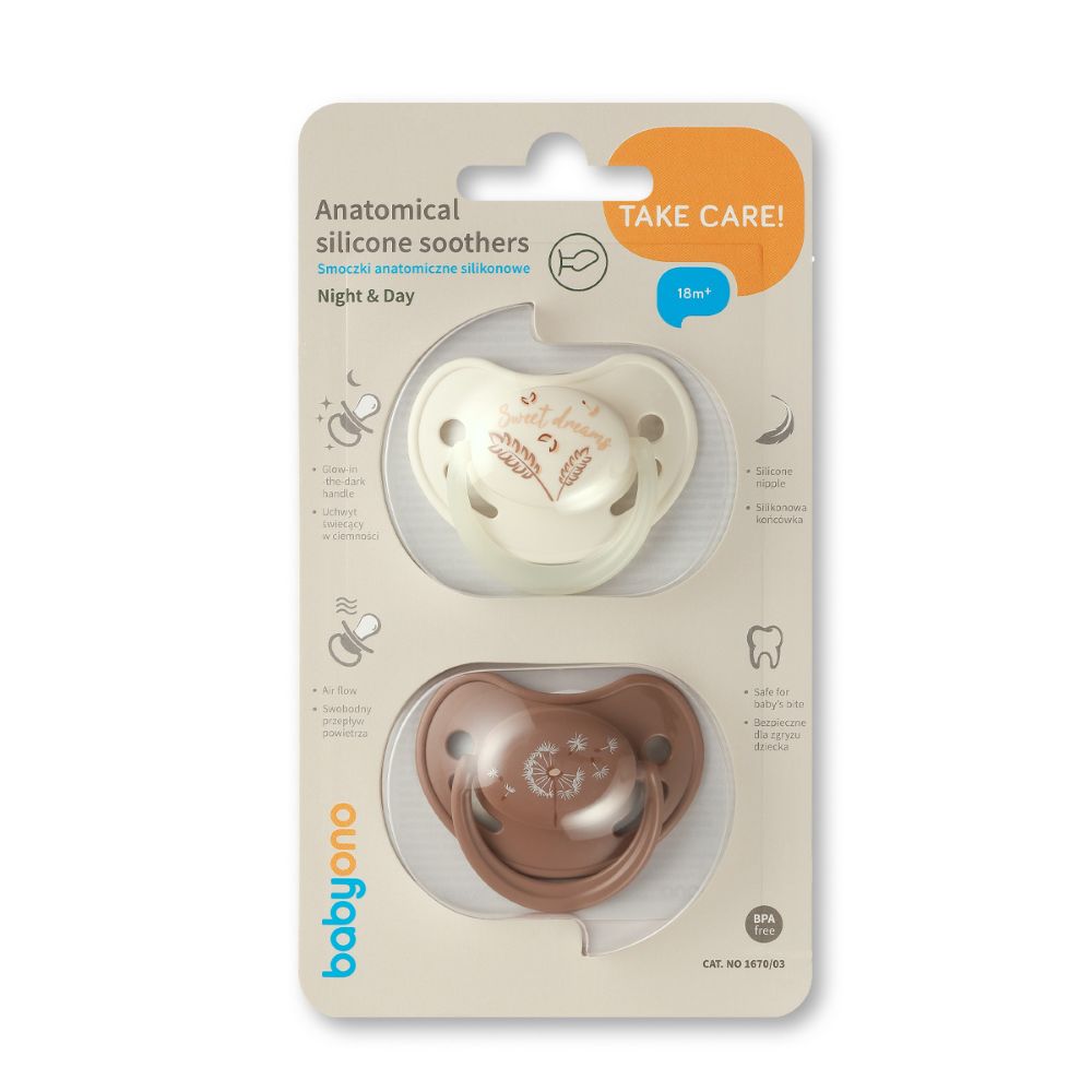 BabyOno Anatomska slikonska duda GLOW 18 mj+, 2 kom