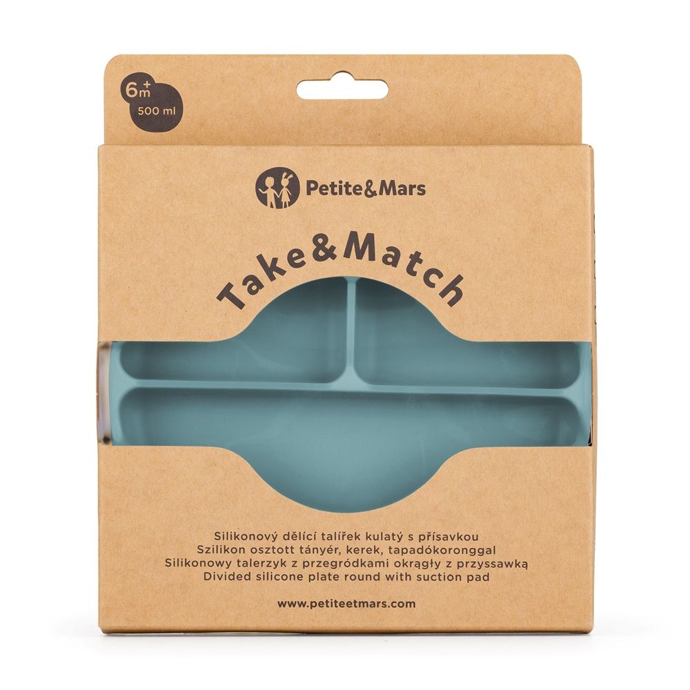 PETITE&MARS Silikonski okrugli tanjur s odjeljcima i vakuumom 6 m+ Take&Match, Frosted Sky