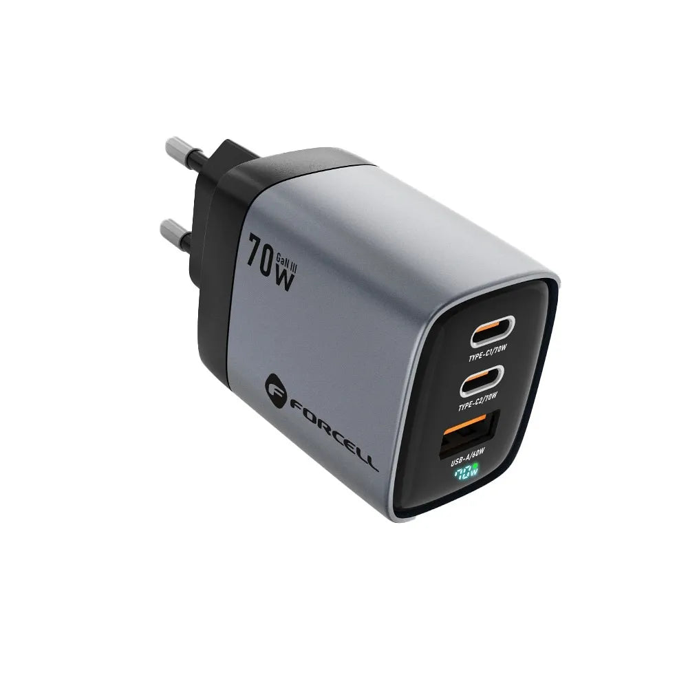FORCELL F-ENERGY GaN III VT-37 omrežni polnilec z LCD zaslonom 2 x Type C + USB A PD QC4.0 SAM SFC2.0 3.45A 70W siv