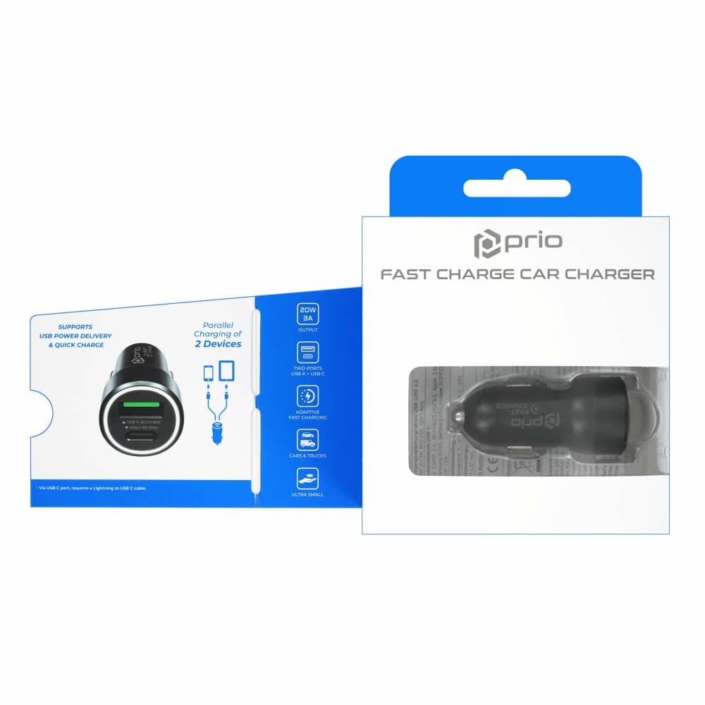 Prio Fast Charge avtomobilski polnilec 20W PD (USB C) + QC 3.0 (USB A) črn