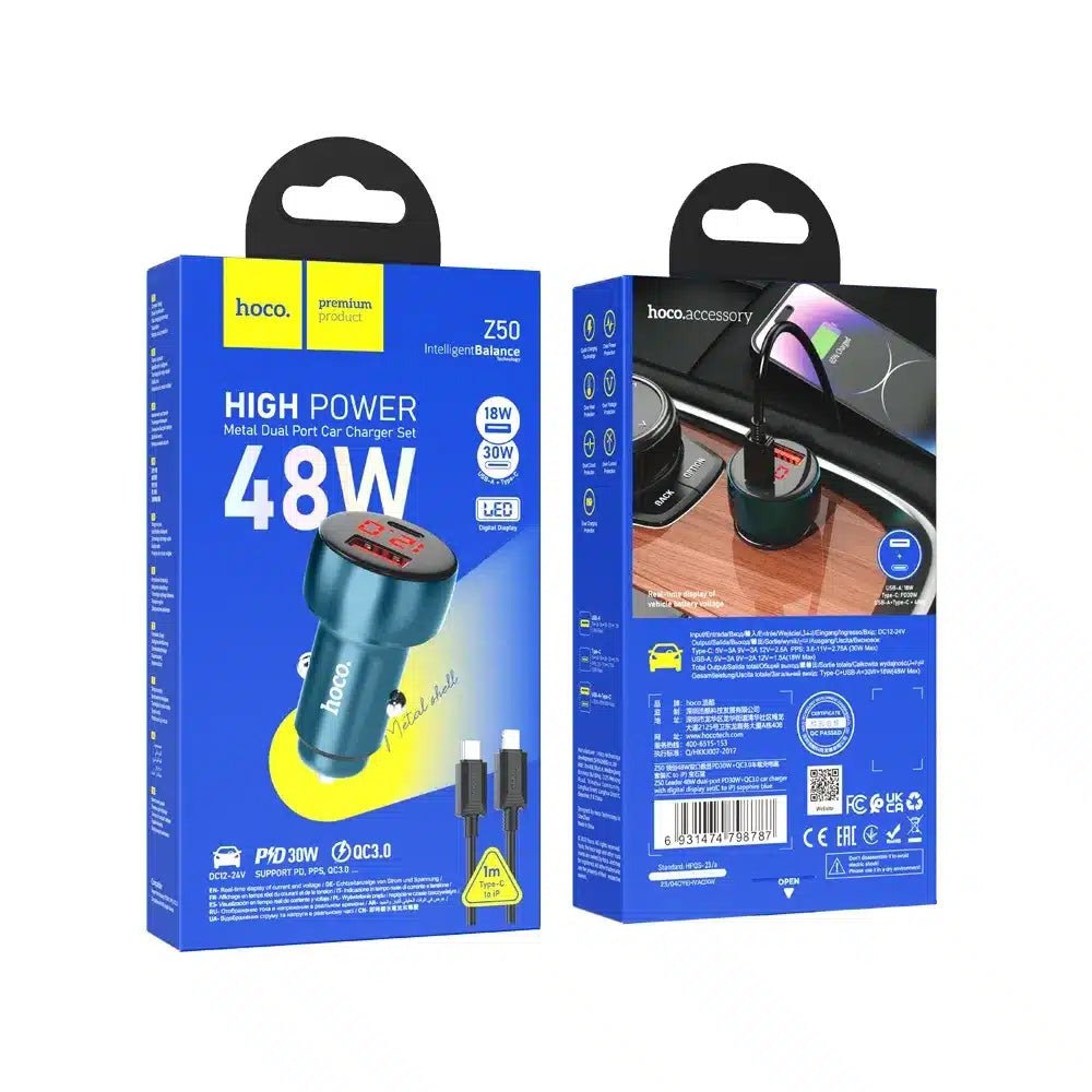 HOCO avtopolnilec USB QC 3.0 + Type C + kabel Type C v Type C PD 48W Leader Z50 kovinsko siv