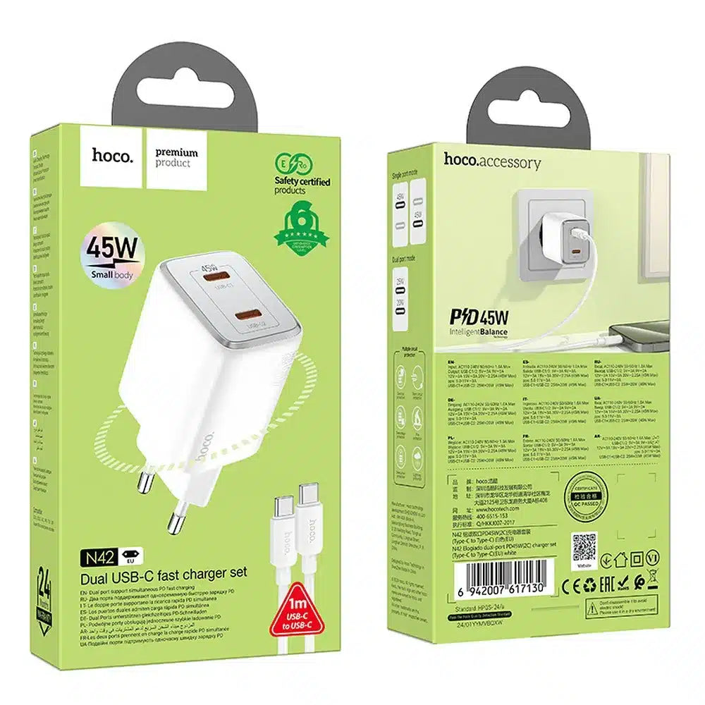HOCO stenski polnilec 2 x Type-C + kabel Type-C do Type-C PD QC 45W GaN N42 bel
