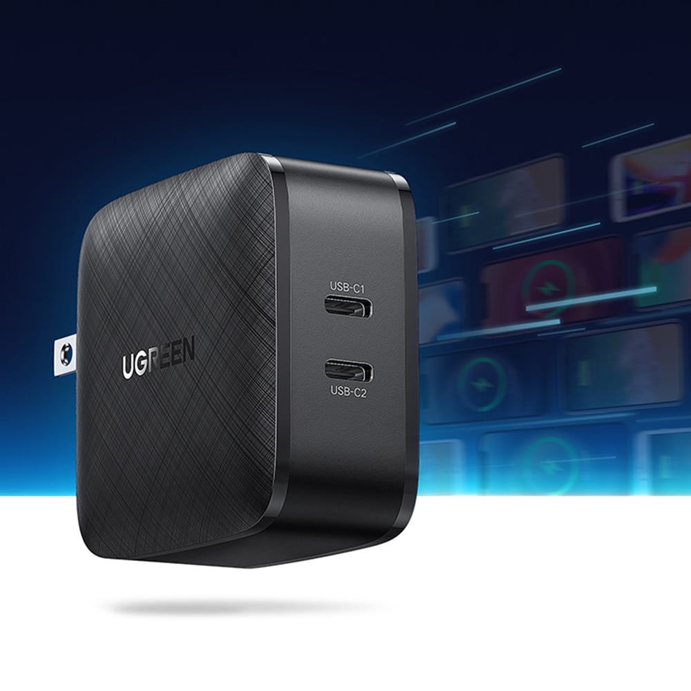 Ugreen - Stenski polnilec (70867) - 2x USB-C, PD, GaN 66W, 3.3A - črn