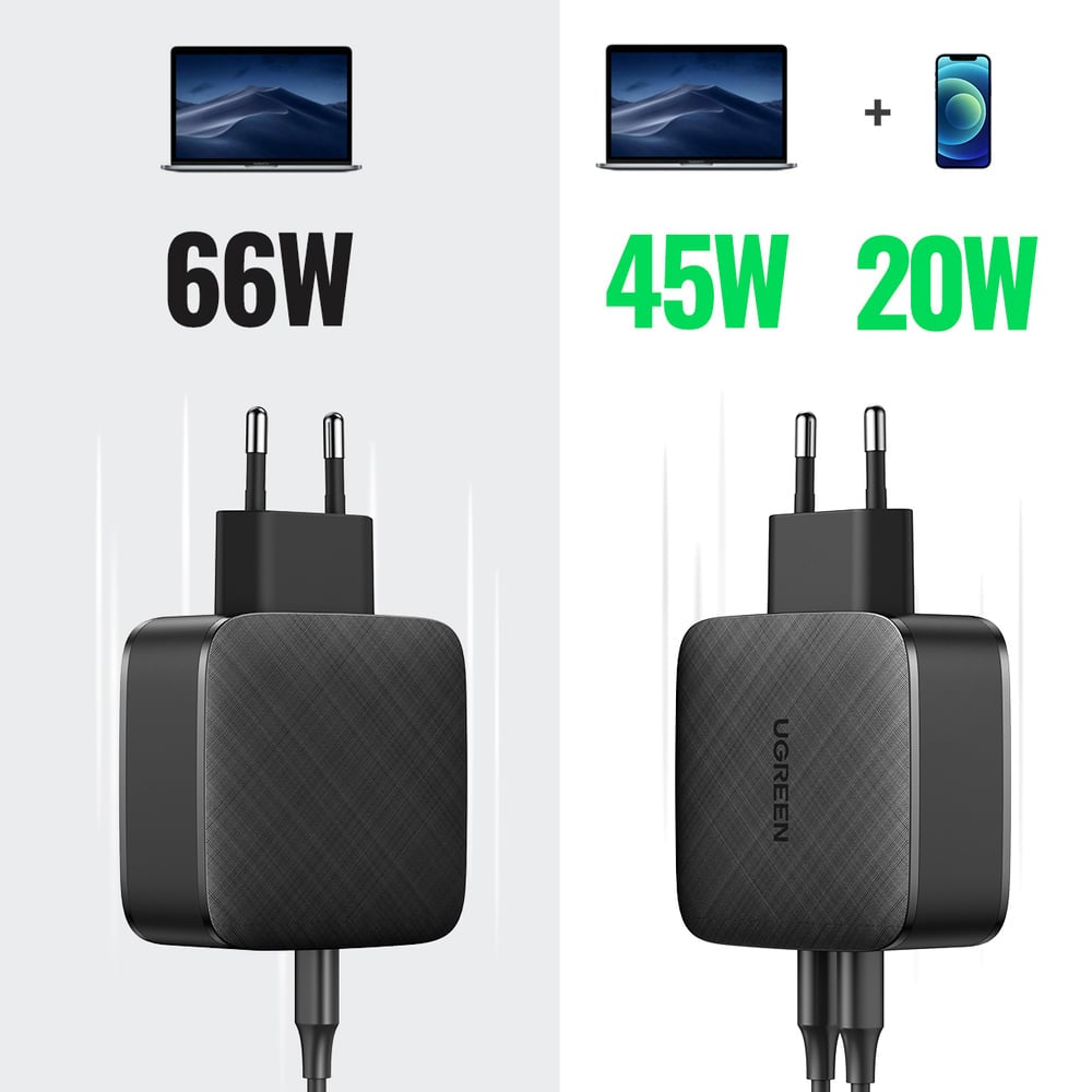Ugreen - Stenski polnilec (70867) - 2x USB-C, PD, GaN 66W, 3.3A - črn