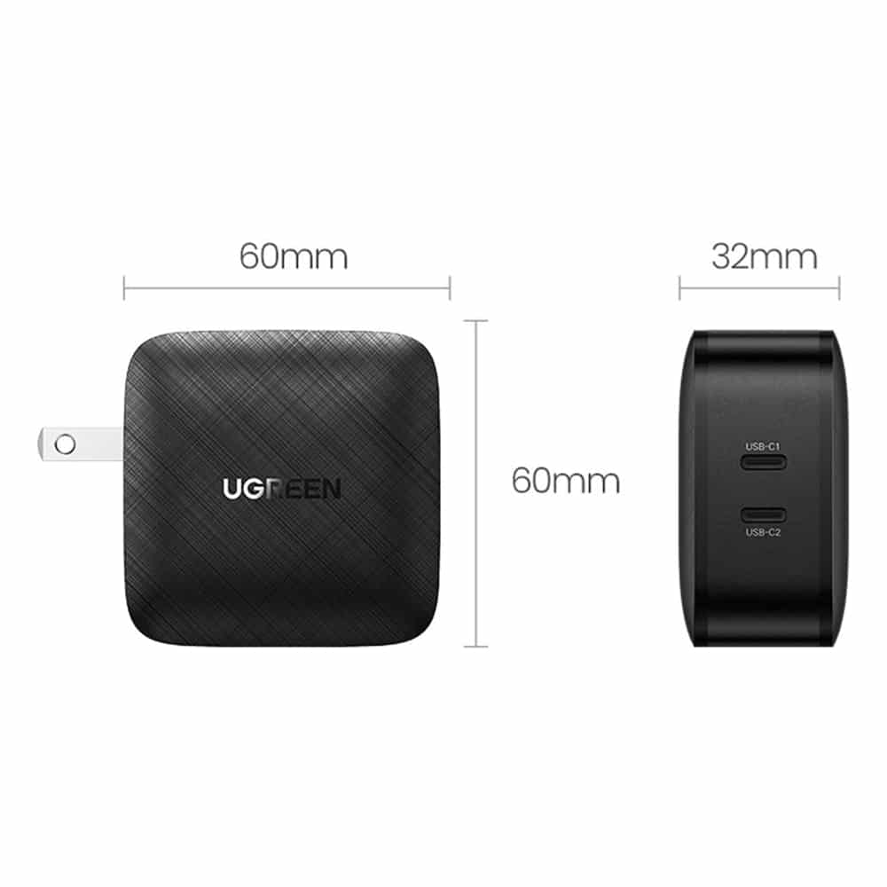 Ugreen - Stenski polnilec (70867) - 2x USB-C, PD, GaN 66W, 3.3A - črn