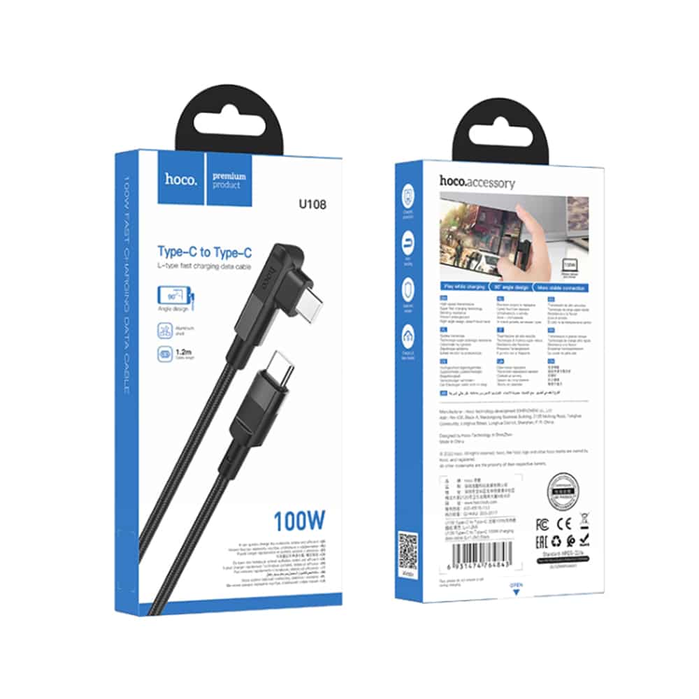 Hoco – Polnilni kabel (U108) – USB Type-C na USB Type-C PD 100W 5A 1.2m – črn