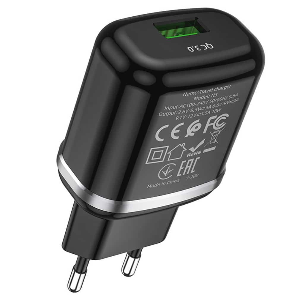 Hoco - Stenski polnilec Special (N3) - USB-A 18W 3A s kablom USB-A v USB Type-C 1m - črn