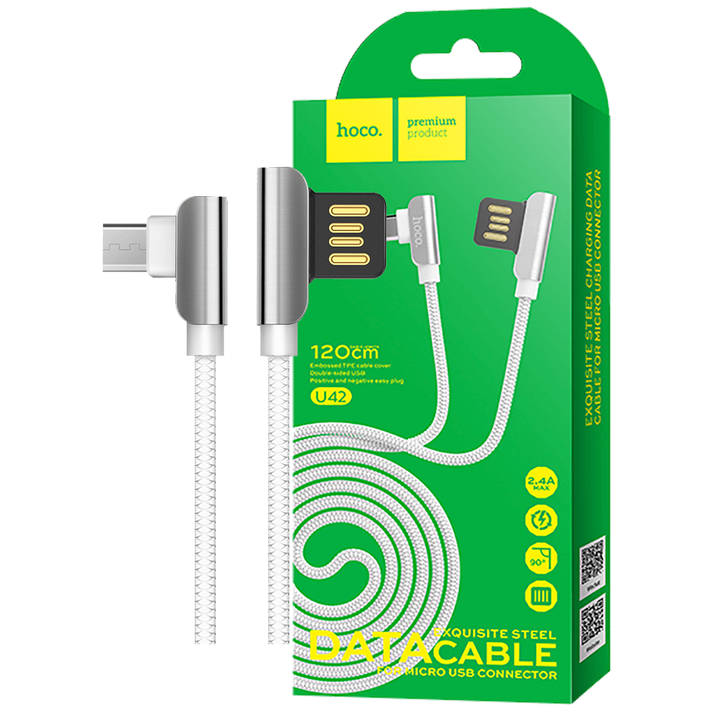hoco. USB kabel za smartphone, micro USB, 1.2 met., 2.4 A, bijela - U42 Exquisite steel, Micro USB, WH