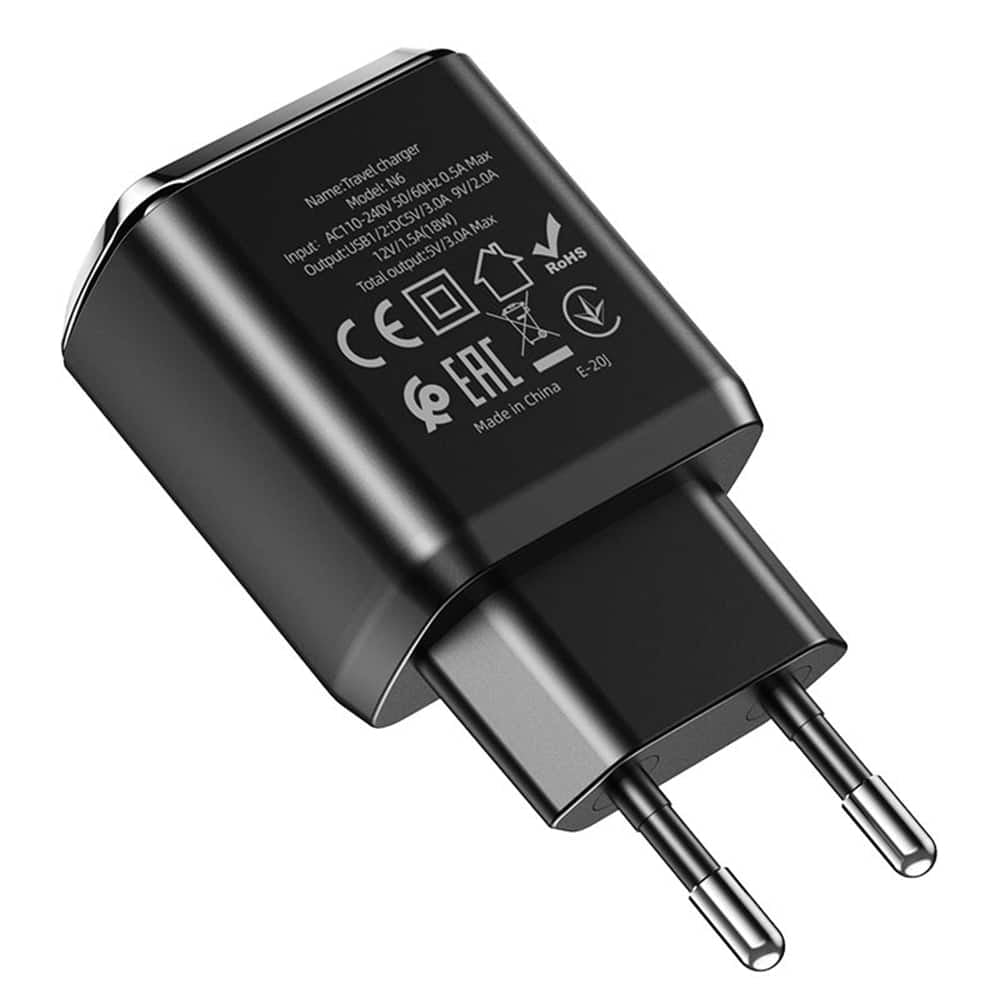 Hoco - Stenski polnilec Charmer (N6) - 2xUSB-A, Q.C 3.0, 18W, 3.0A - črn
