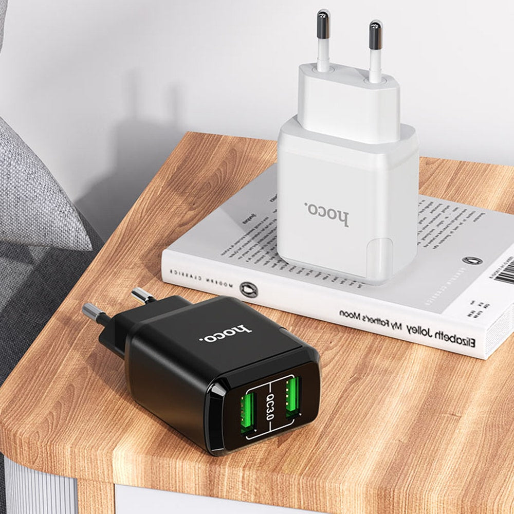Hoco - Stenski polnilec Charmer (N6) - 2xUSB-A, Q.C 3.0, 18W, 3.0A - črn
