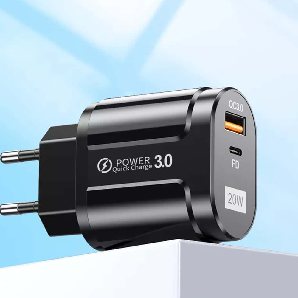 Techsuit - Premium stenski polnilec (CHPD038) - USB-A, QC 3.0, USB-C, 20 W - črn