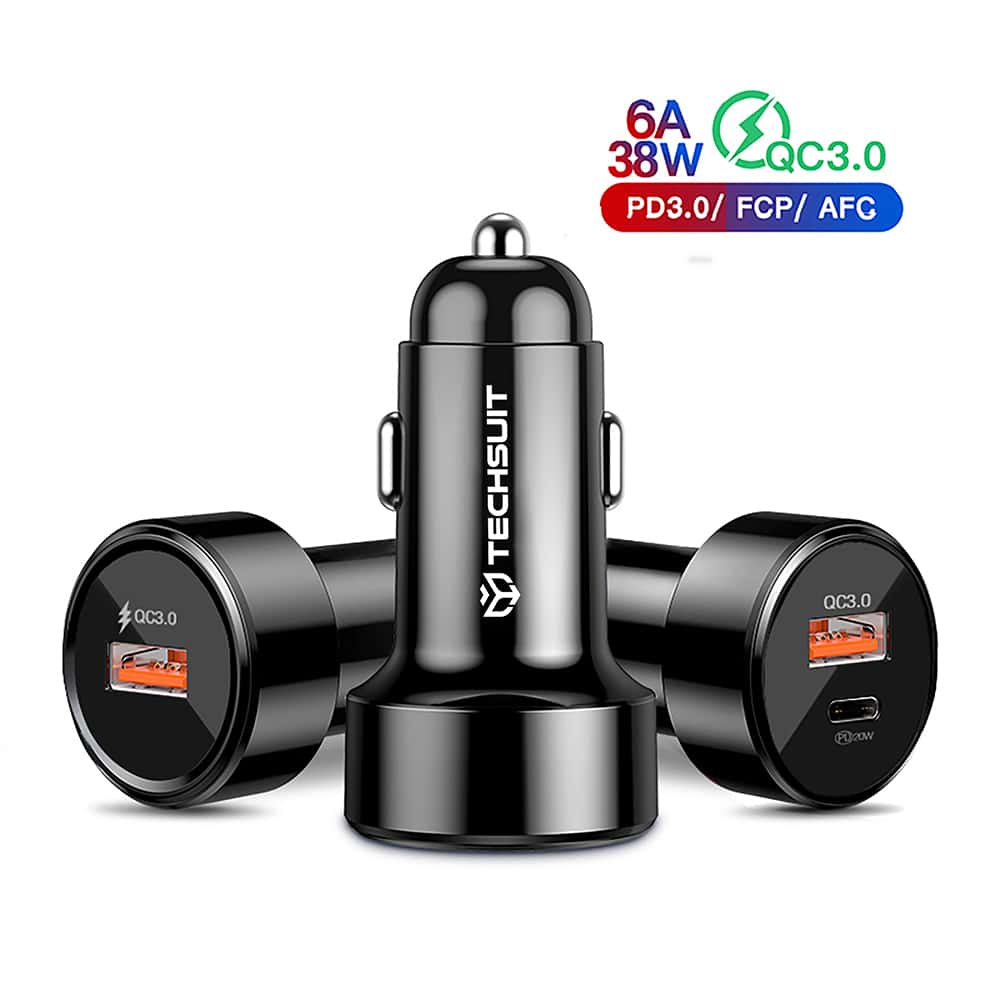 Techsuit - vrhunski avtopolnilec (CAPD028) - USB-A QC 3.0 in USB-C 38 W - črn