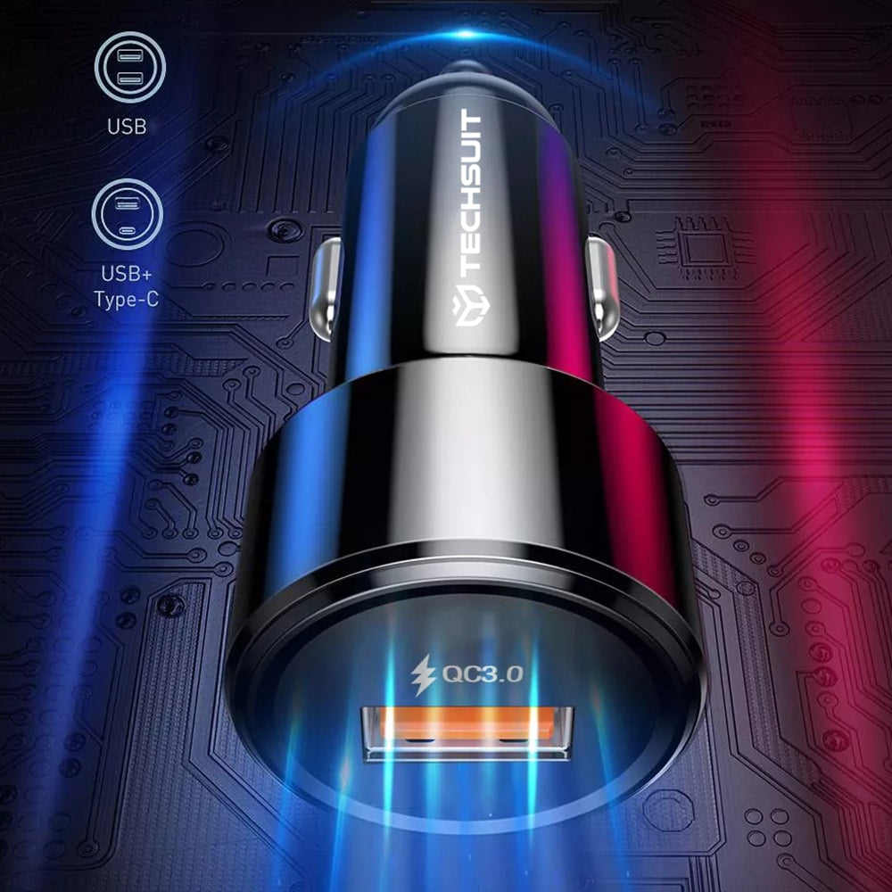 Techsuit - vrhunski avtopolnilec (CAPD028) - USB-A QC 3.0 in USB-C 38 W - črn