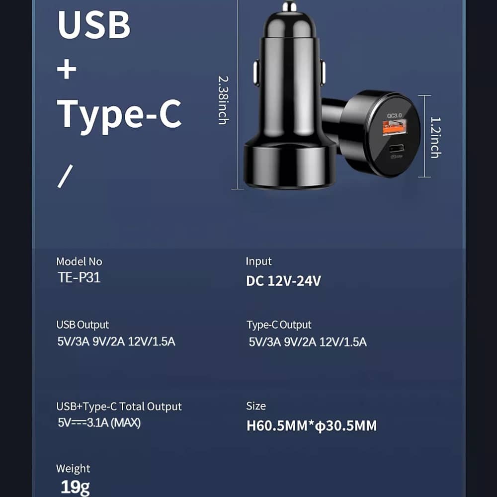 Techsuit - vrhunski avtopolnilec (CAPD028) - USB-A QC 3.0 in USB-C 38 W - črn