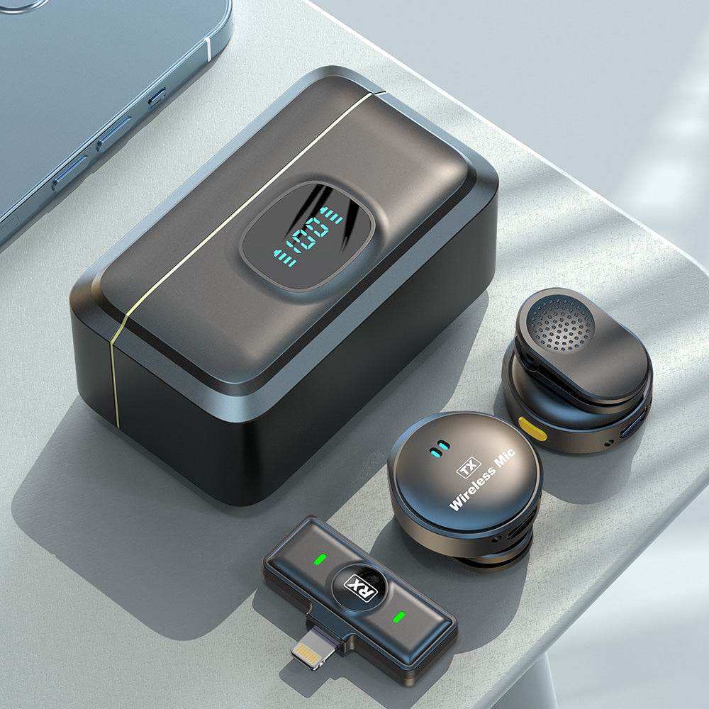 Techsuit - (2 kosa) Lavalier brezžična naprava z iPhone Lightning priključkom Zmanjšanje hrupa 2.0 - digitalni zaslon - črna