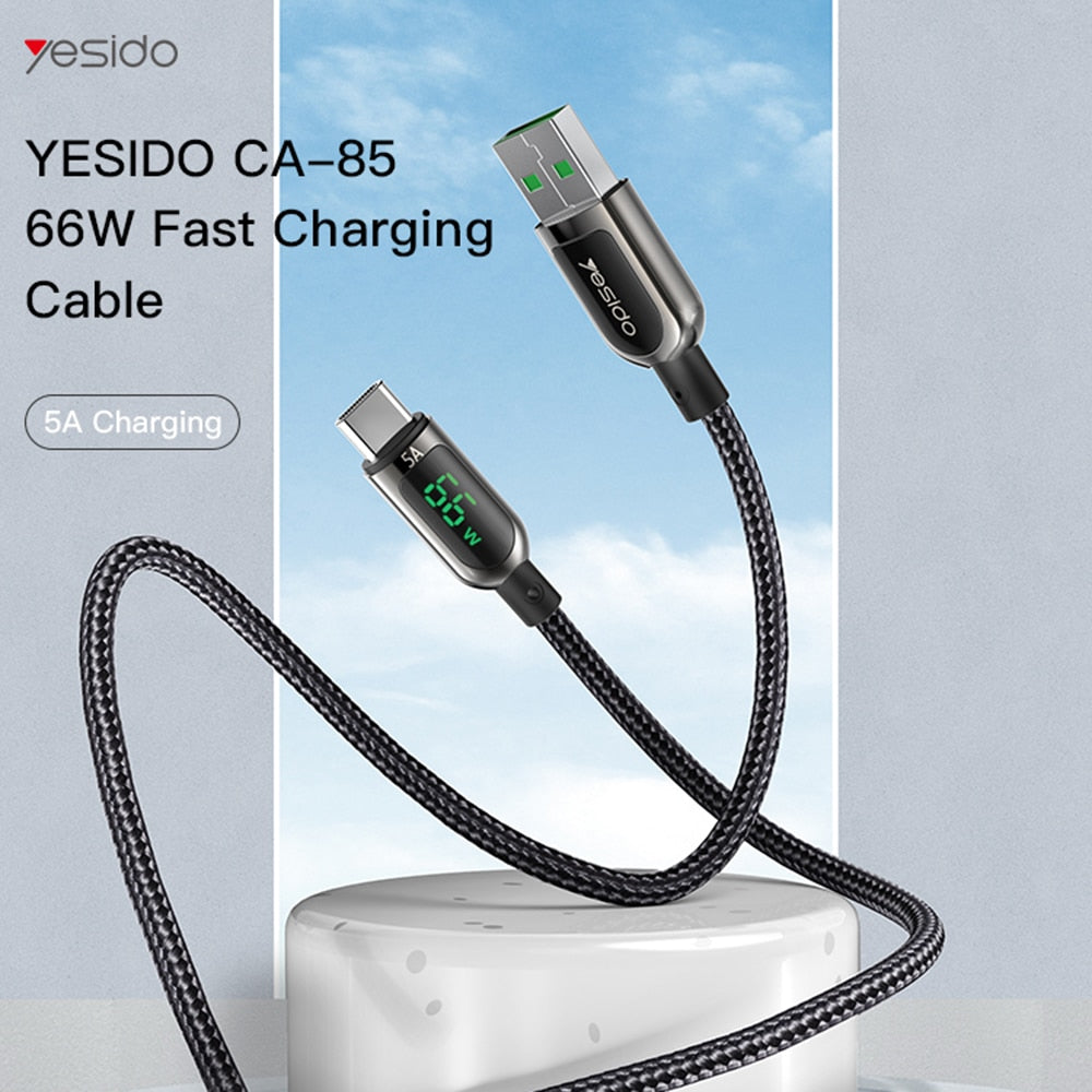 Yesido - podatkovni kabel (CA85) - USB na Type-C 66W 5A digitalni zaslon - 120 cm - črni