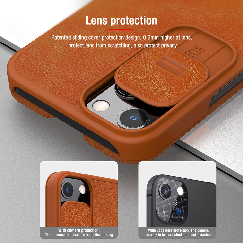Nillkin Qin Leather Pro preklopna torbica z zaščito za kamero za iPhone 13 - rjava