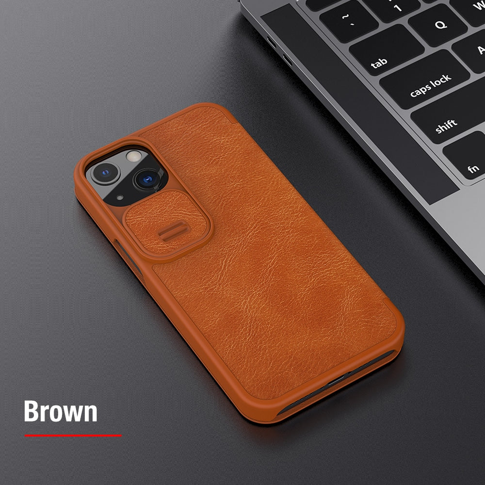 Nillkin Qin Leather Pro preklopna torbica z zaščito za kamero za iPhone 13 - rjava
